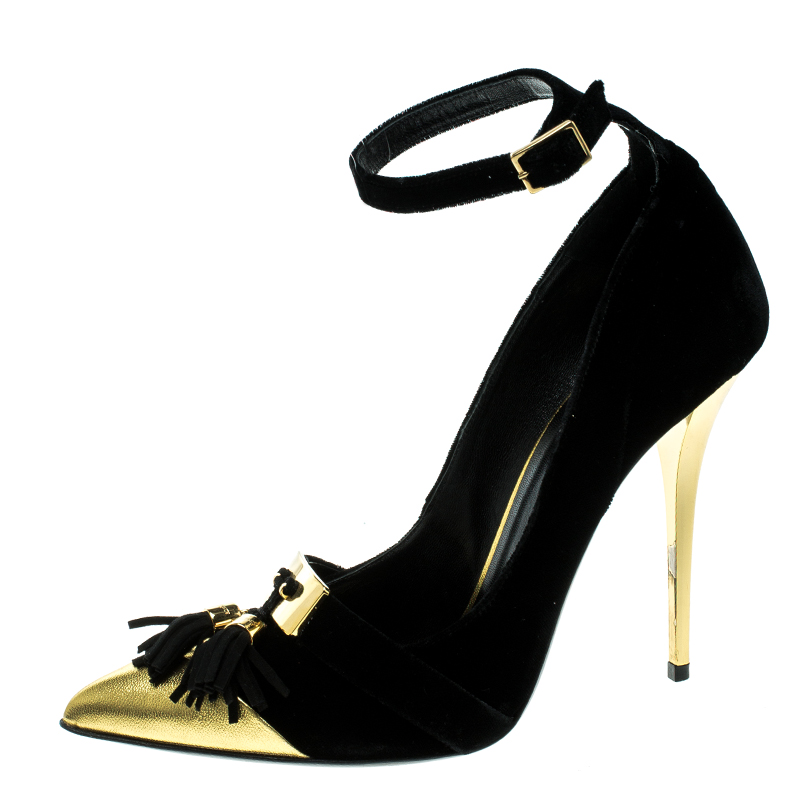 

Balmain Black Velvet and Metallic Gold Leather Lena Tassel Ankle Strap Pumps Size