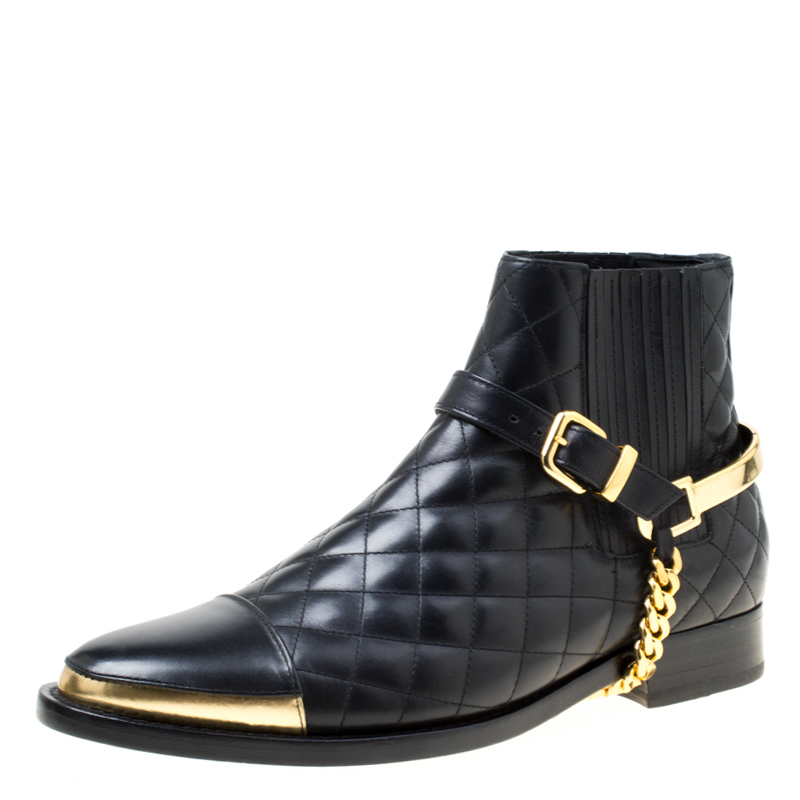 Pre Owned Balmain Black Quilted Leather Chain Embellished Ankle Boots Size 36