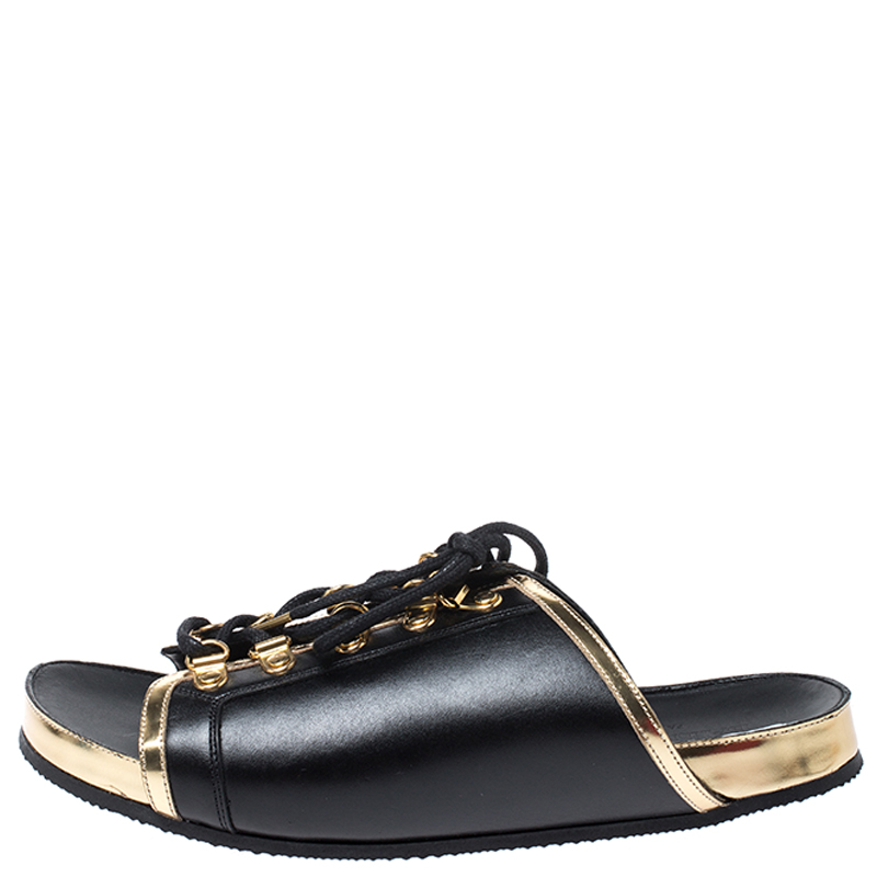 

Balmain Black Leather Lace Up Flat Sandals Size