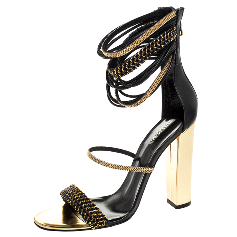 Balmain Black/Gold Leather Chain Link Open Toe Sandals Size 39.5