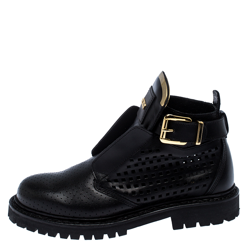 

Balmain Black Perforated Leather Buckle Ankle Boots Size