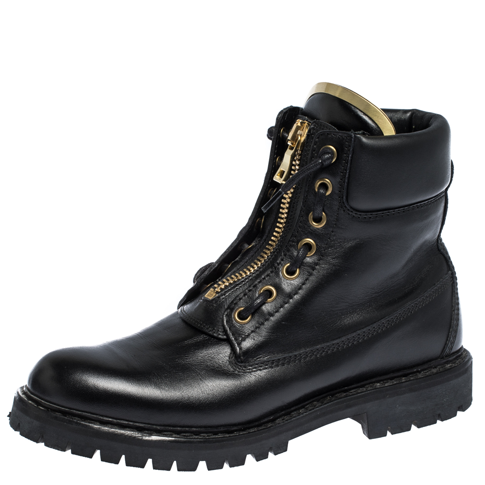 Pre-owned Balmain Black Leather Zip Front Ranger Boots Size 40 | ModeSens
