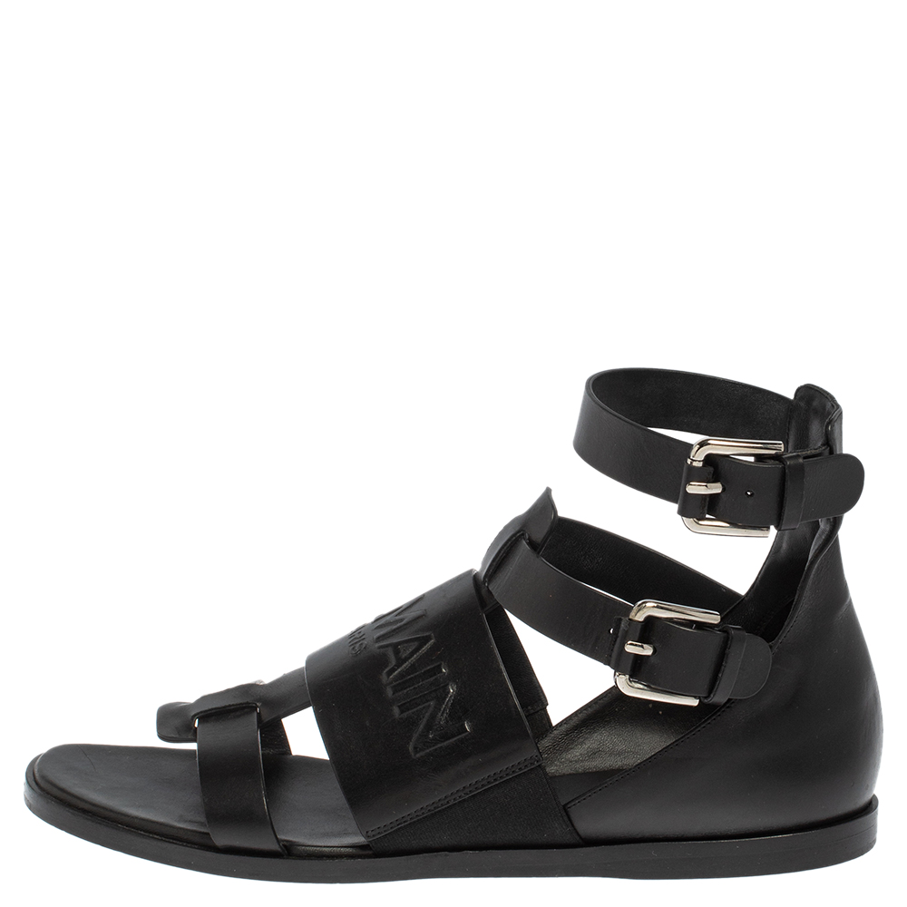 

Balmain Black Leather Chris Embossed Logo Flat Sandals Size