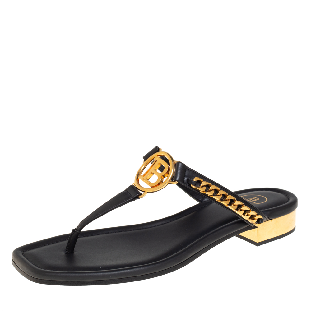 Pre Owned Balmain Black Leather Chain Embellished Thong Sandals Size 38