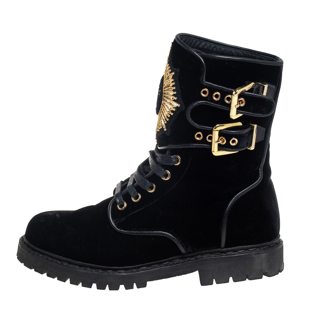 

Balmain Black Velvet Embellished Eagle Combat Boots Size