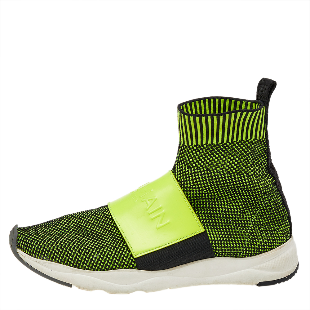 

Balmain Black/Green Knit Fabric And Leather Cameron Running High Top Sneakers Size