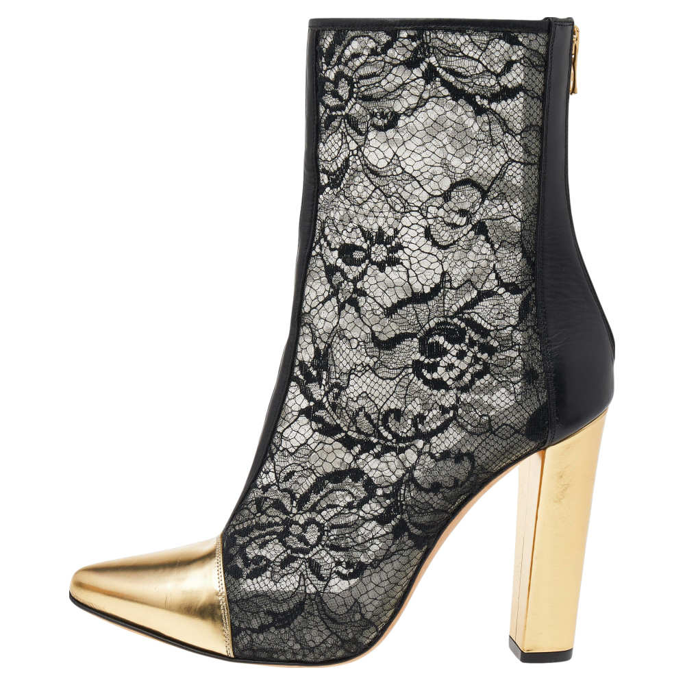 

Balmain Black/Gold Leather And Lace Cap Toe Ankle Length Boots Size