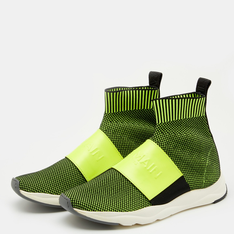 

Balmain Neon Green Stretch Knit And Leather Cameron Embossed Logo High Top Sneakers Size