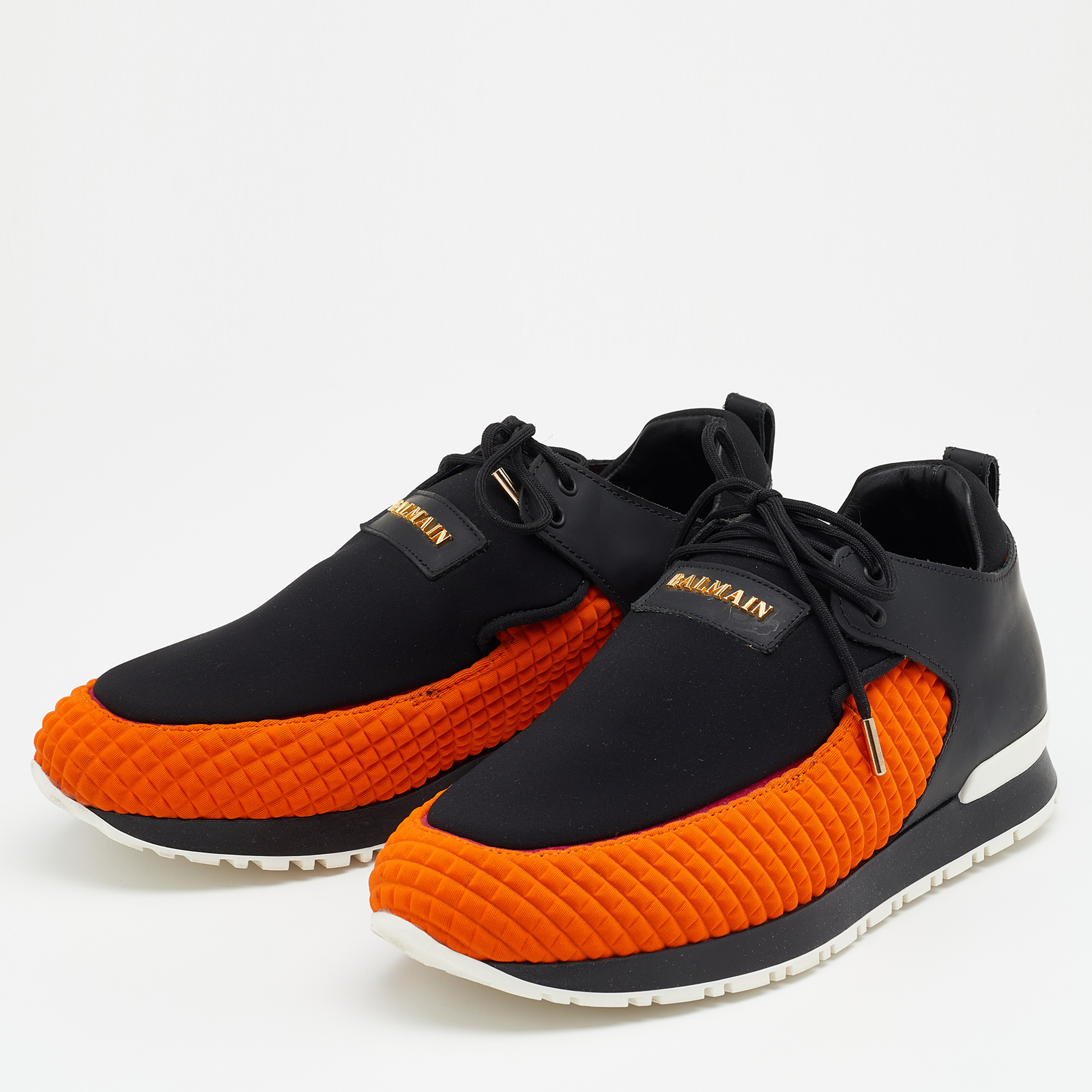 

Balmain Black/Orange Quilted Neoprene and Leather Low Top Sneakers Size