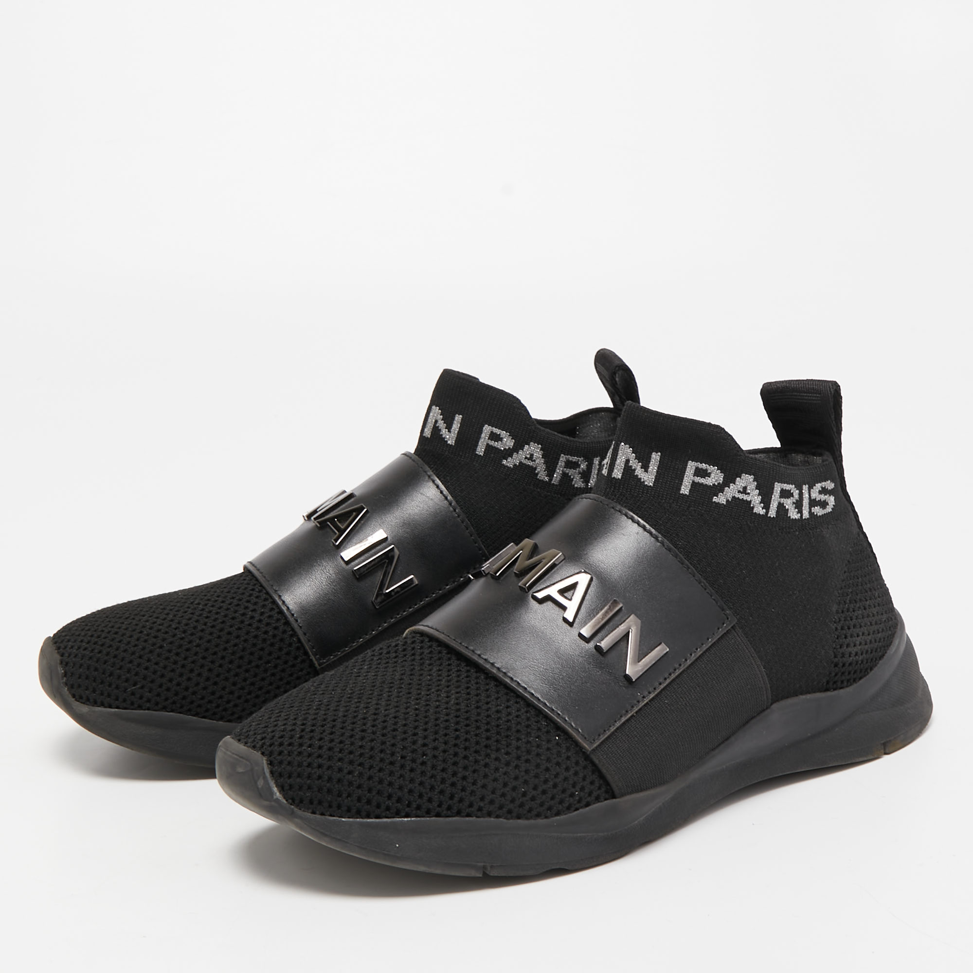 

Balmain Black Leather and Knit Fabric High Top Sneakers Size