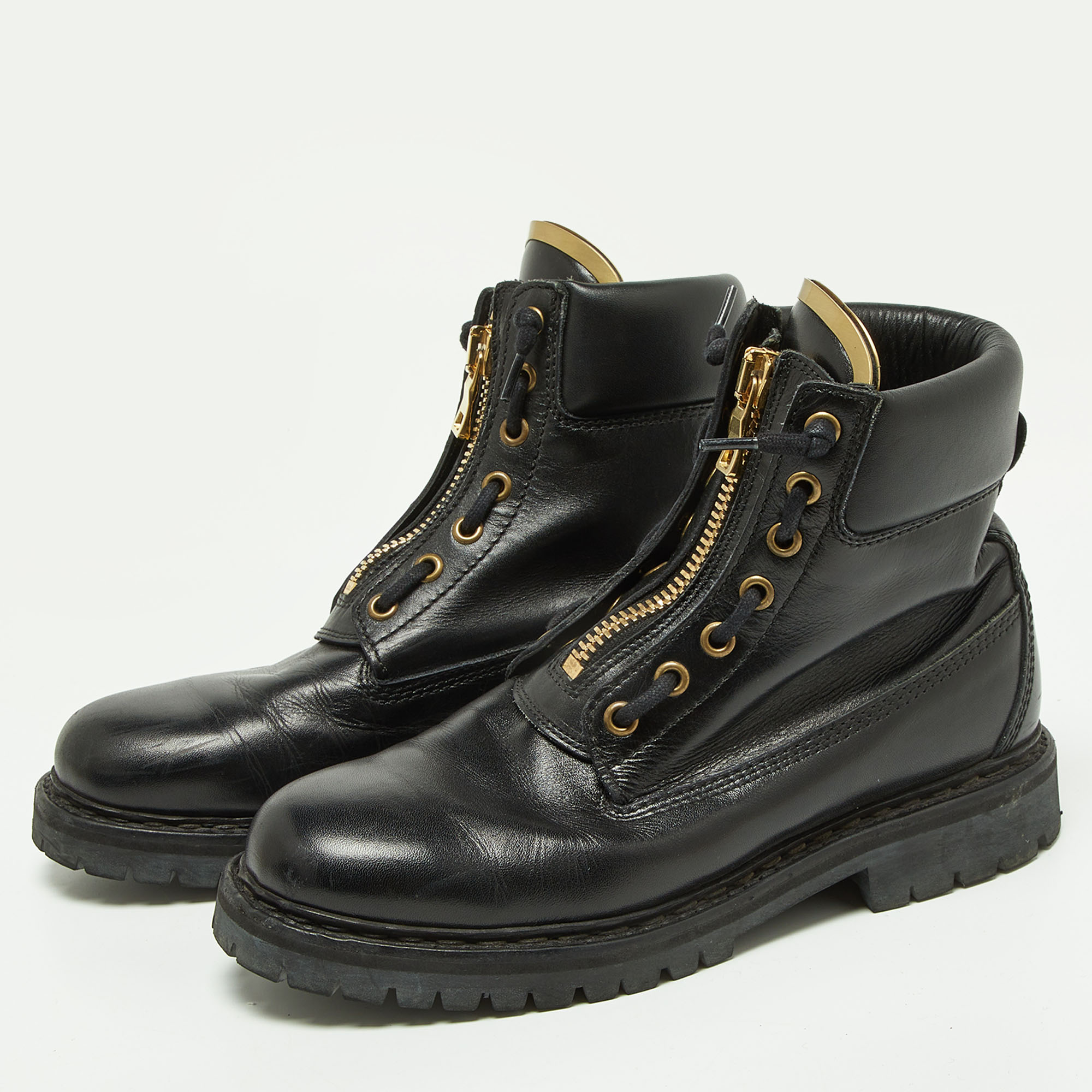 

Balmain Black Leather Zip Front Combat Boots Size