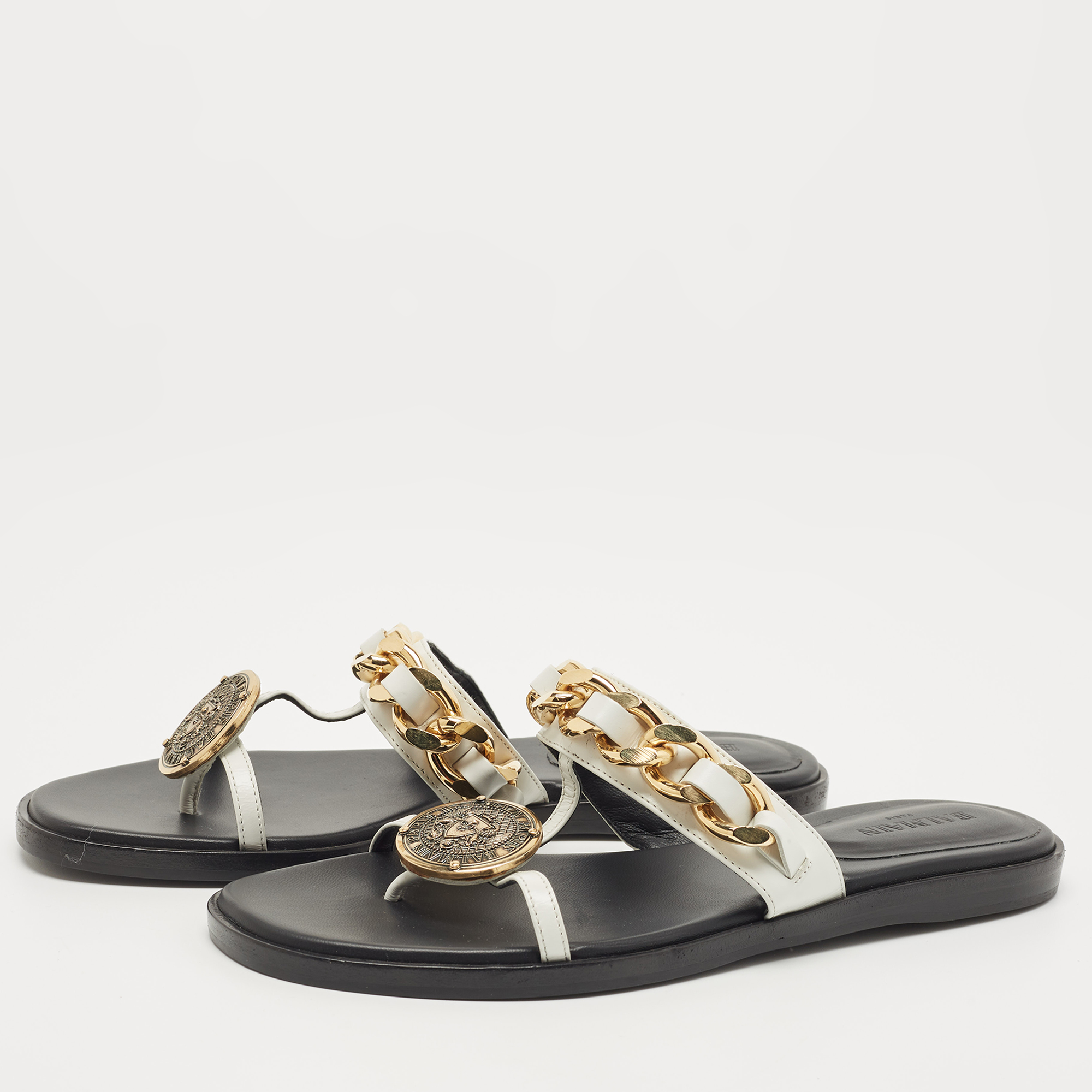 

Balmain White Leather Chain-Link Accents Thong Flat Slides Size