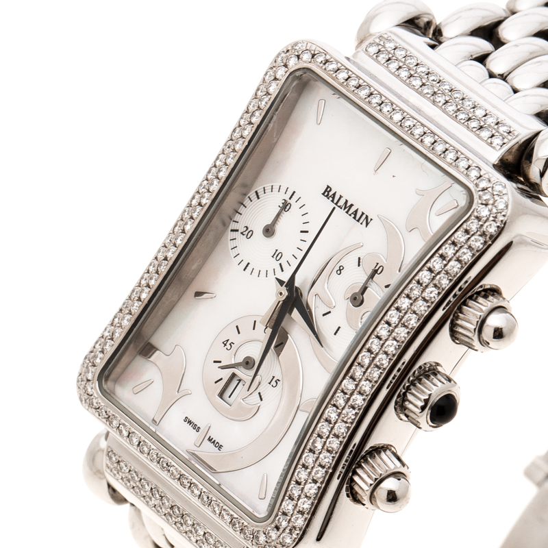 

Balmain White Mother of Pearl Stainless Steel Diamonds Jolie Madame, Silver