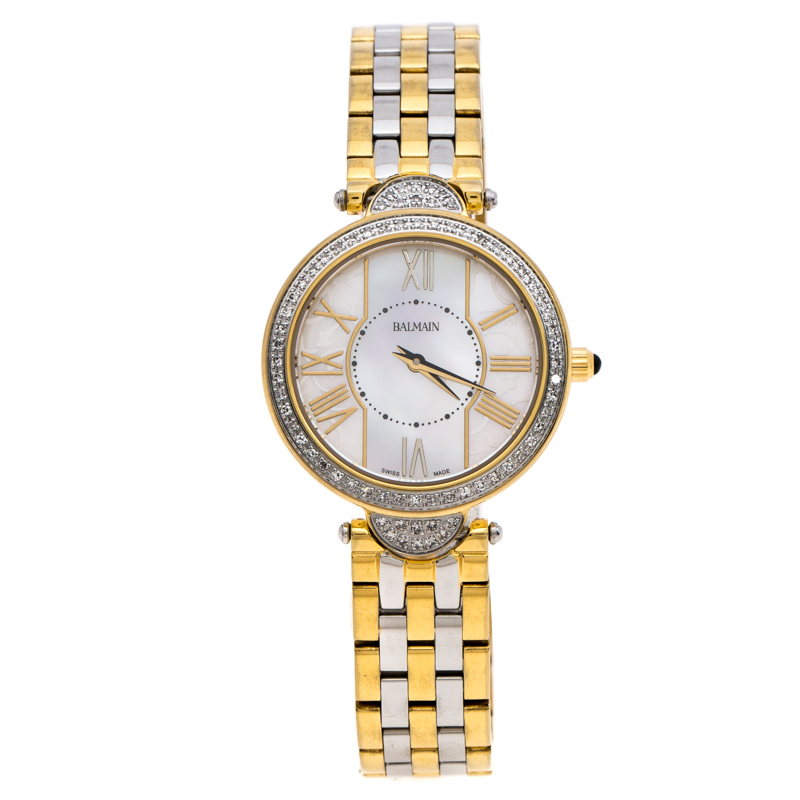 Pre Owned Balmain Mother of Pearl Two-Tone Stainless Steel Diamonds Haute Elegance 8076 Women's Wristwatch 27 mm