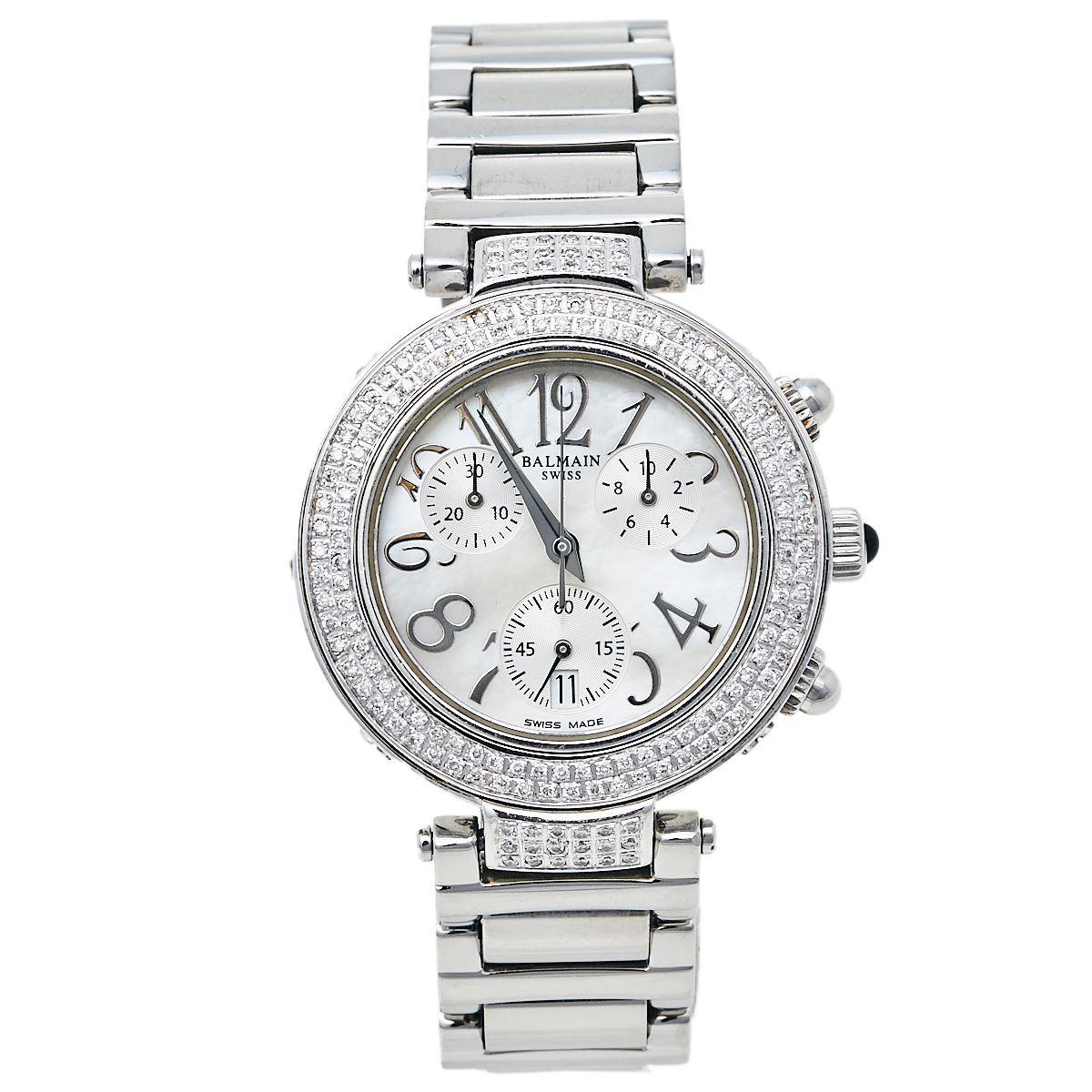 Pre Owned Balmain Mother Of Pearl Stainless Steel Diamonds B5793.33.82 Women's Wristwatch 35 mm