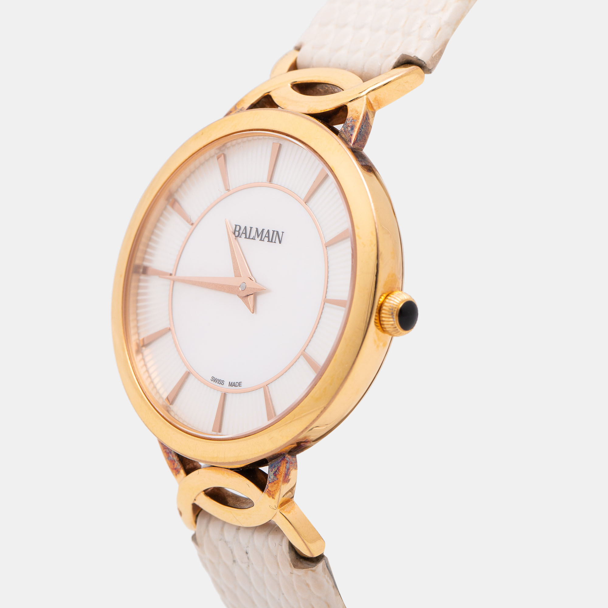 

Balmain Mother of Pearl Rose Gold Plated Stainless Steel Leather Taffetas B3179.22.86 Women's Wristwatch, White