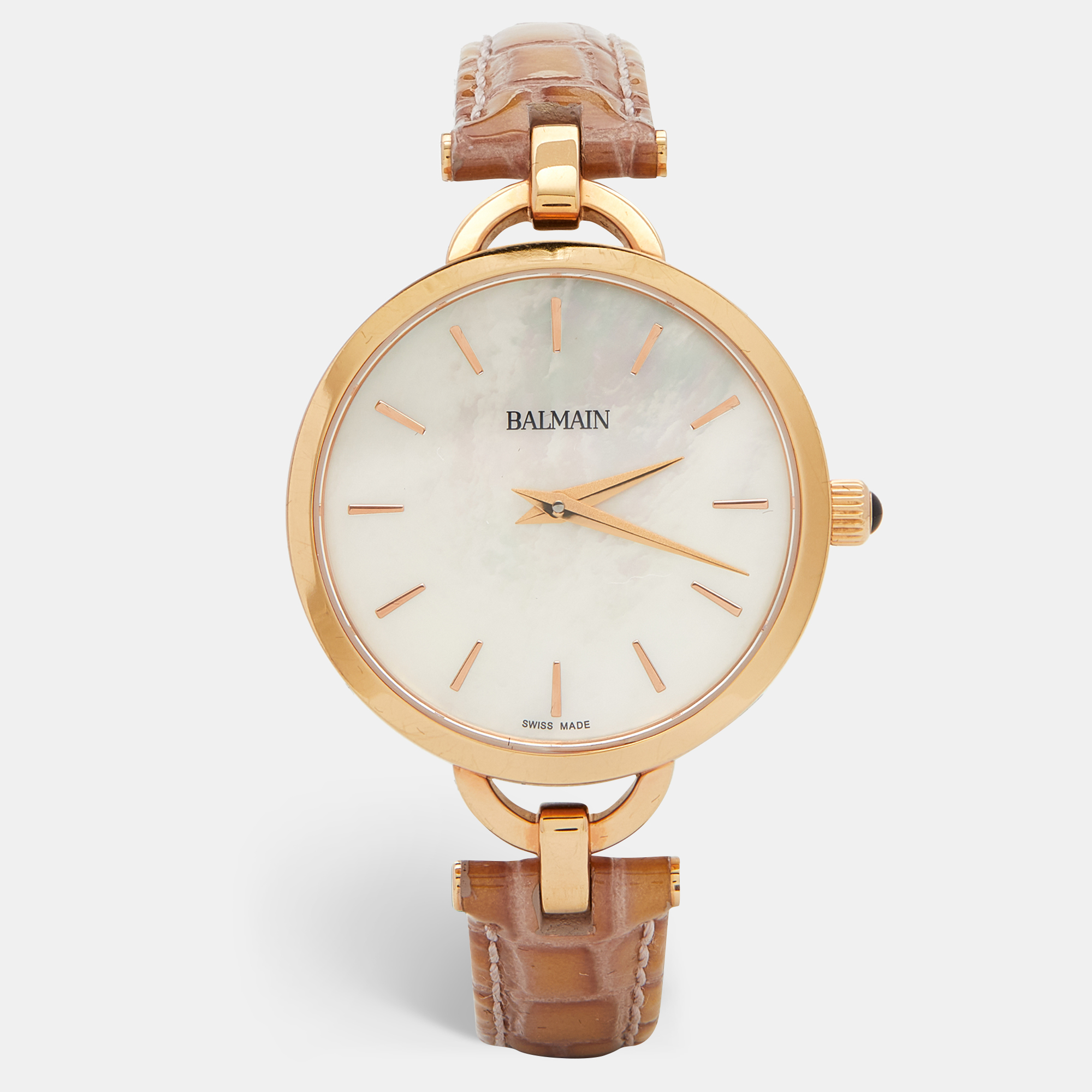 Pre Owned Balmain Mother of Pearl Rose Gold Plated Leather Orithia II B4779.42.86 Women's Wristwatch 32 mm