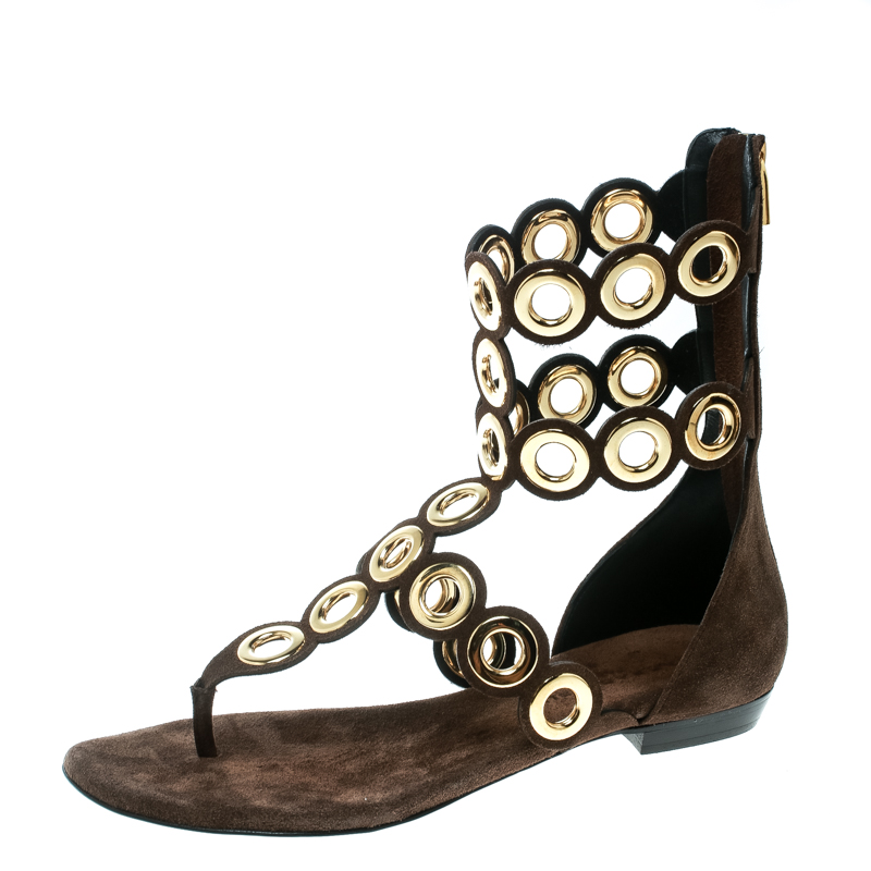 Pre Owned Barbara Bui Brown Suede Eyelet Detail Flat Thong Sandals Size 37