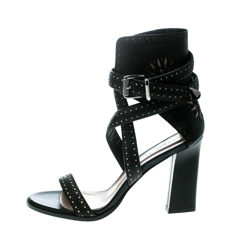 

Barbara Bui Black Laser Cut Motif Perforated Leather Ankle Cuff Strappy Block Heel Sandals Size