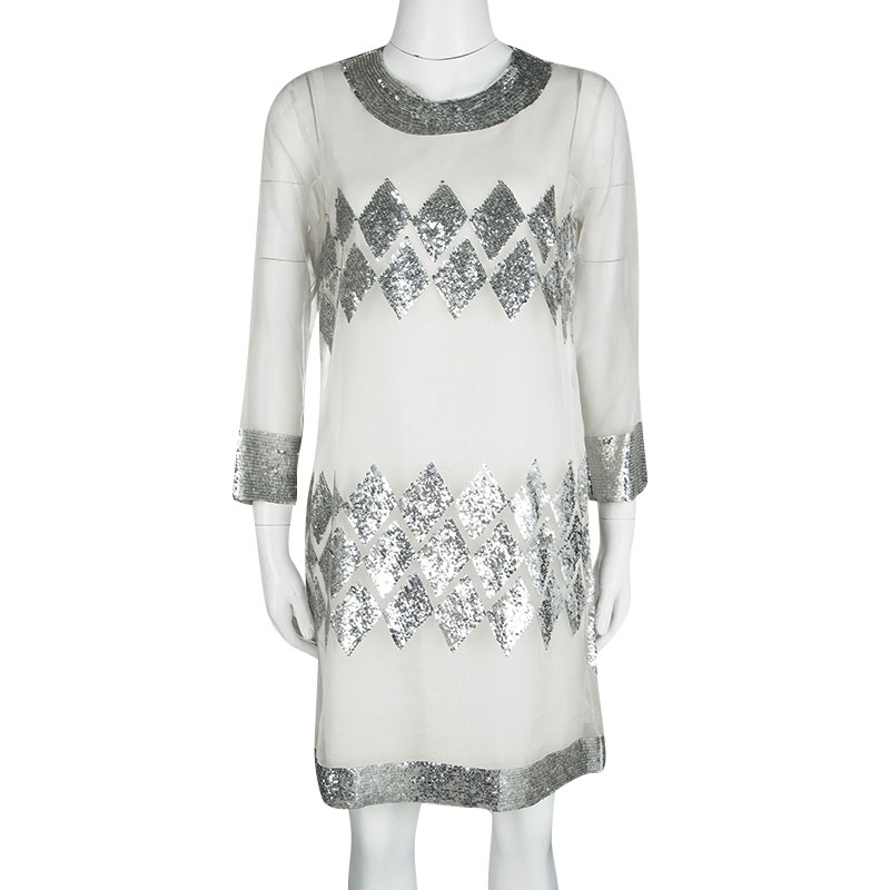 

Barbara Bui Off White Organza Sequin Embellished Shift Dress