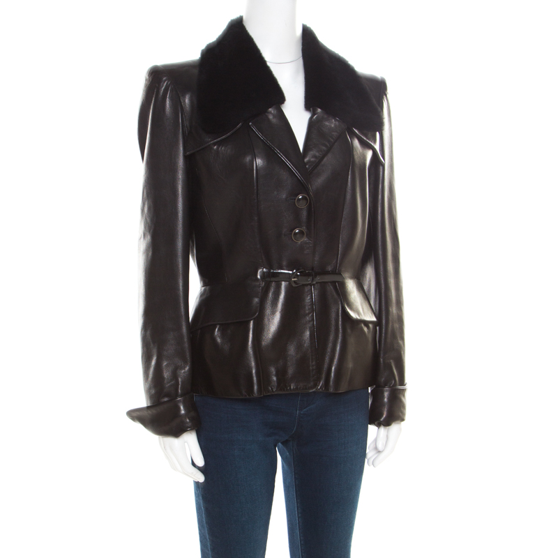 

Barbara Bui Dark Brown Fur Collar Belted Leather Jacket