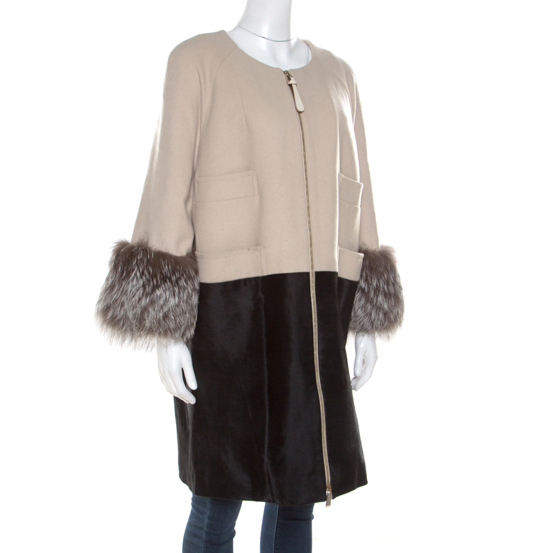 

Barbara Bui Bicolor Cashmere Wool and Calf Hair Paneled Long Coat, Beige