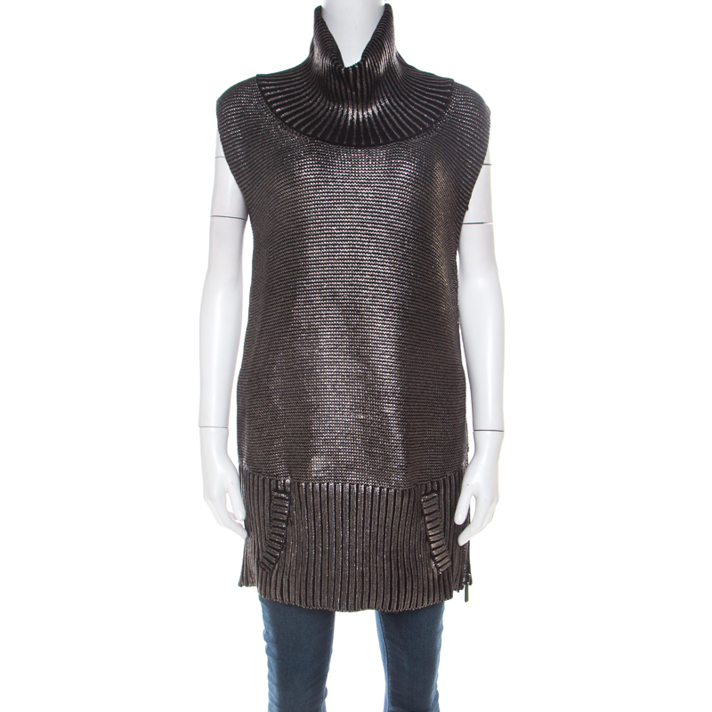 Barbara Bui Silver Foil Print Rib Knit Wool Sleeveless Turtleneck Sweater M