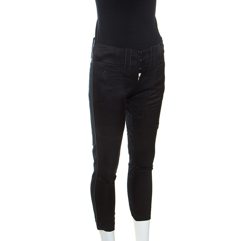 

Barbara Bui Black Denim and Silk Paneled Asymmetric Hem Pants