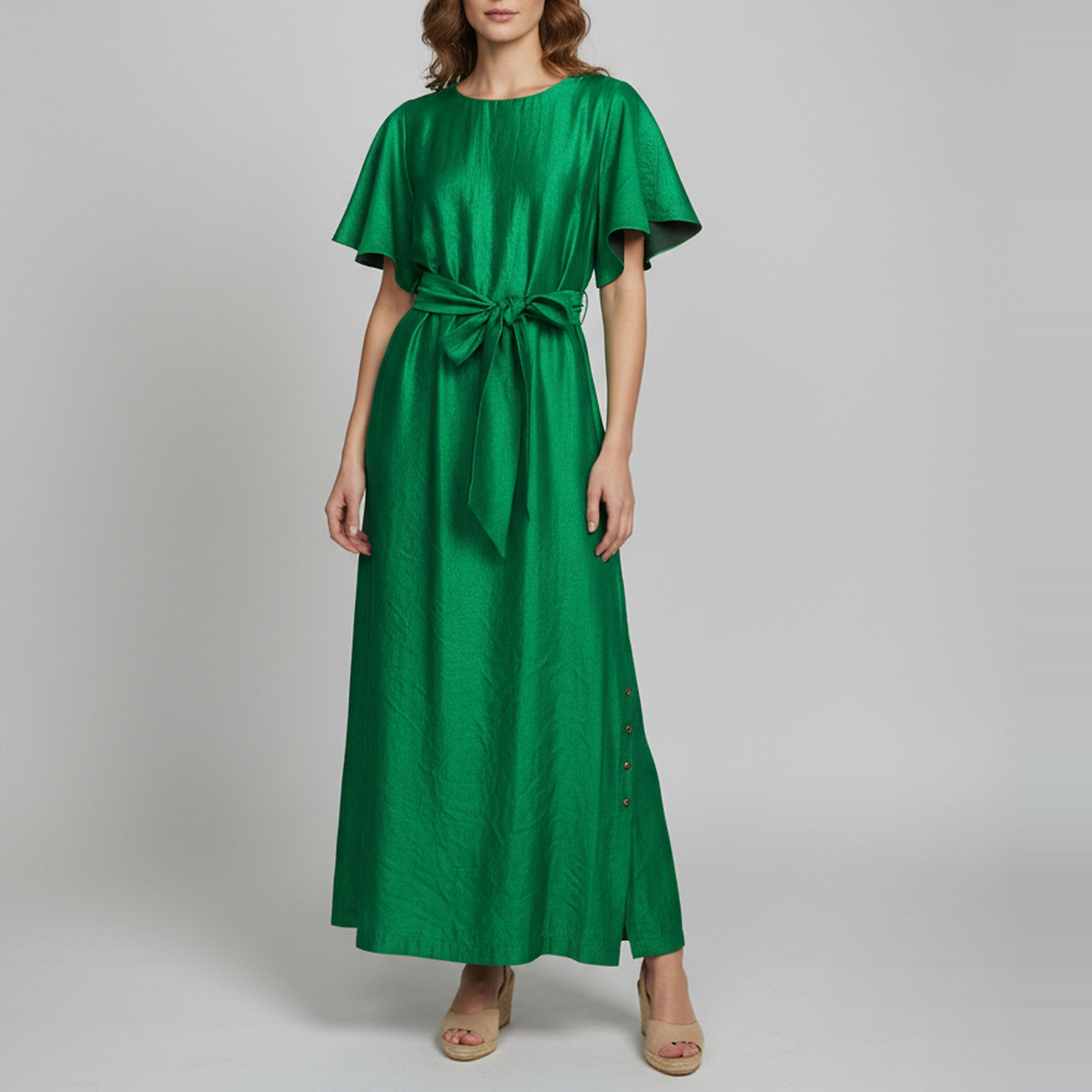 Pre-owned Baruni Green Crepe Bateau Neck Slit Belted Maxi Dress L