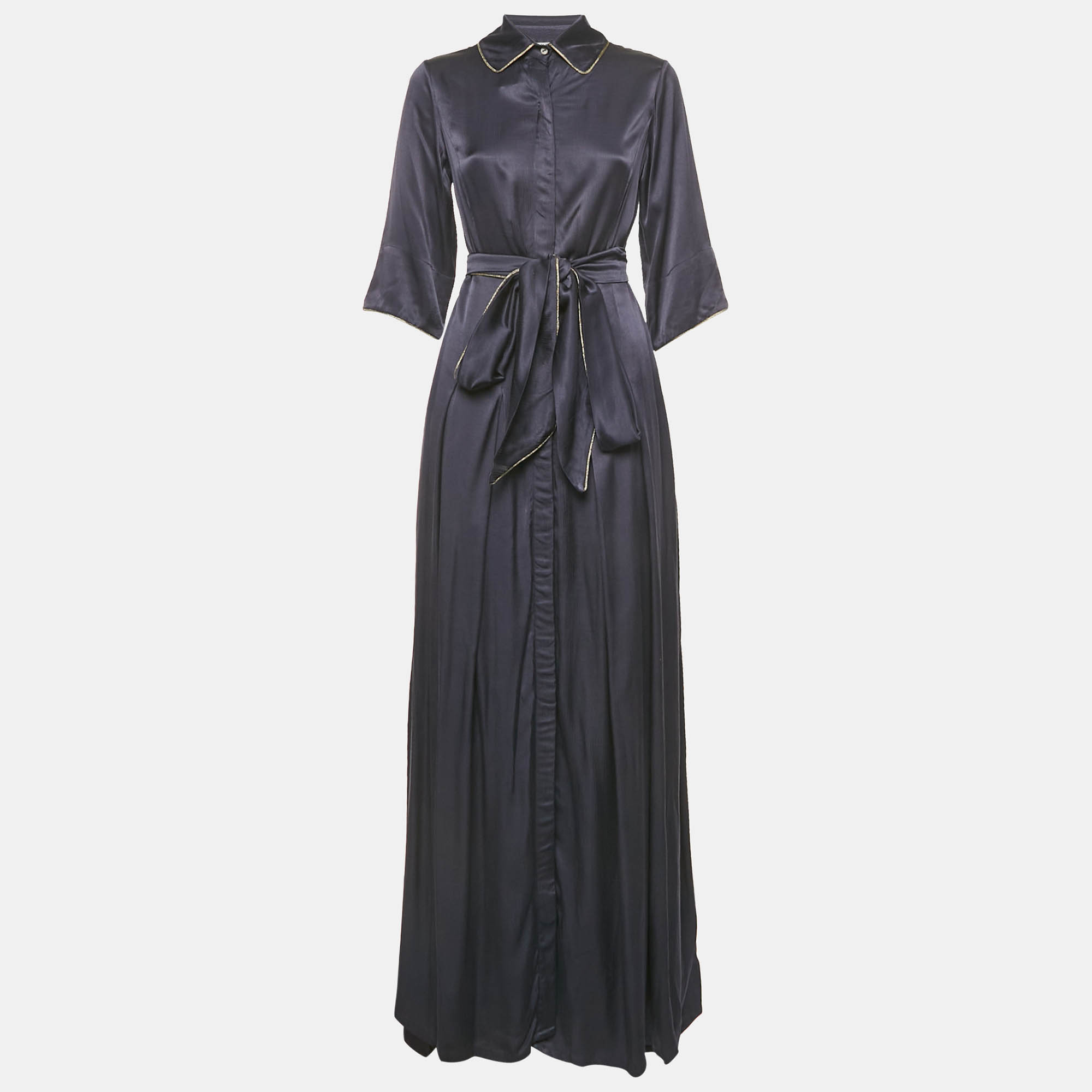 Baruni Navy Blue Button Front Belted Maxi Dress S