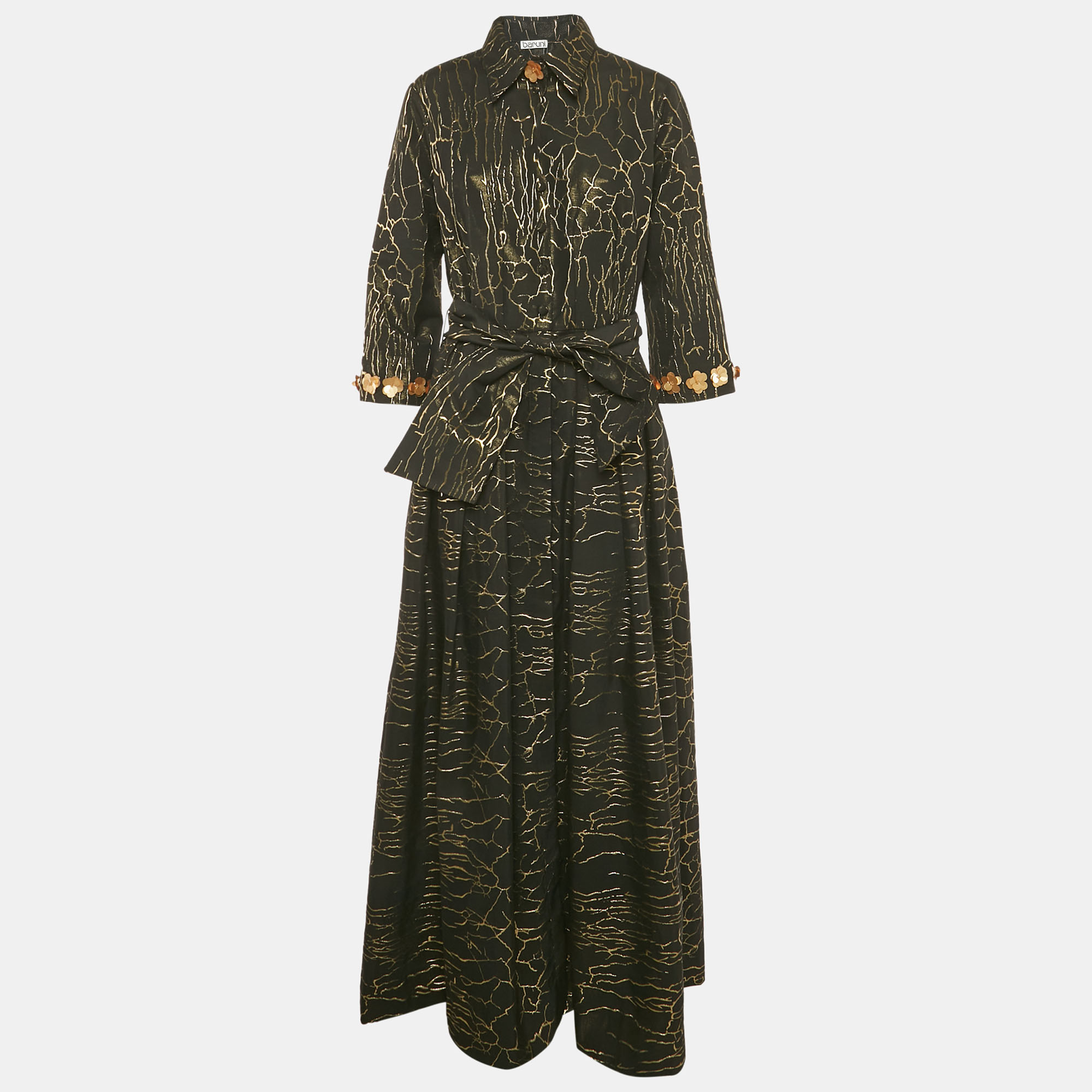 Baruni Black /Gold Pattered Cotton & Lurex Zinnia Maxi Dress XL
