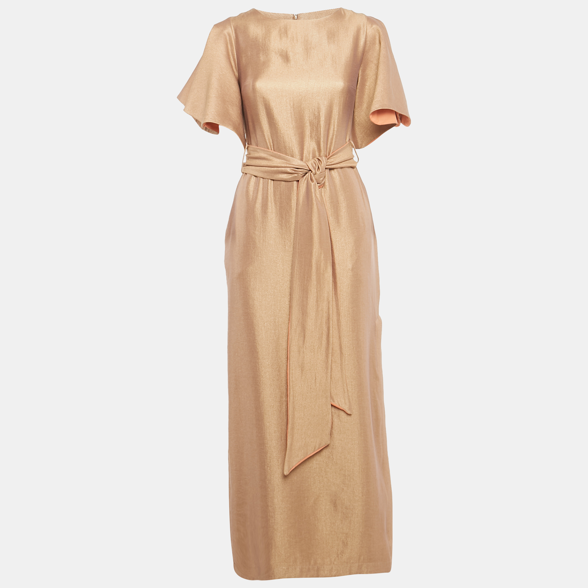 Baruni Metallic Gold Belted Maxi Dress XS
