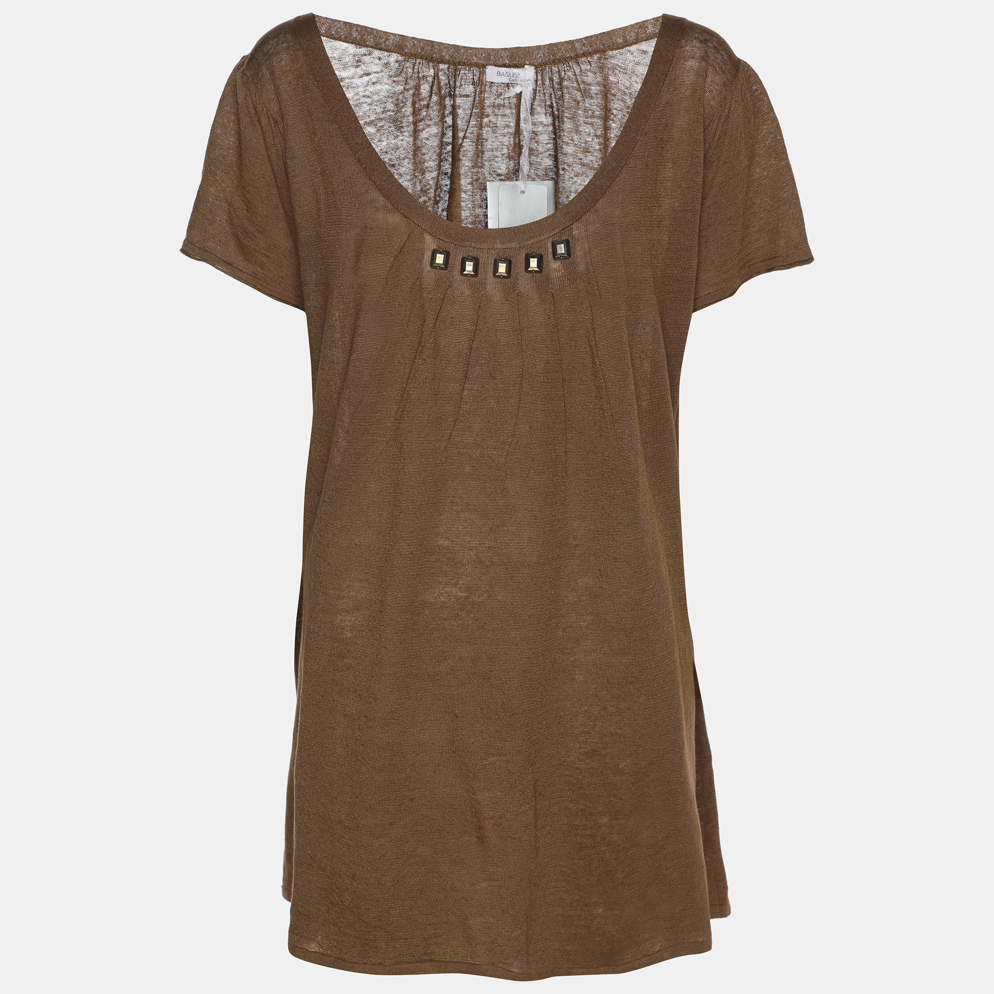 Pre-owned Basler Brown Stretch Knit Glam Rock Embellished Tops L