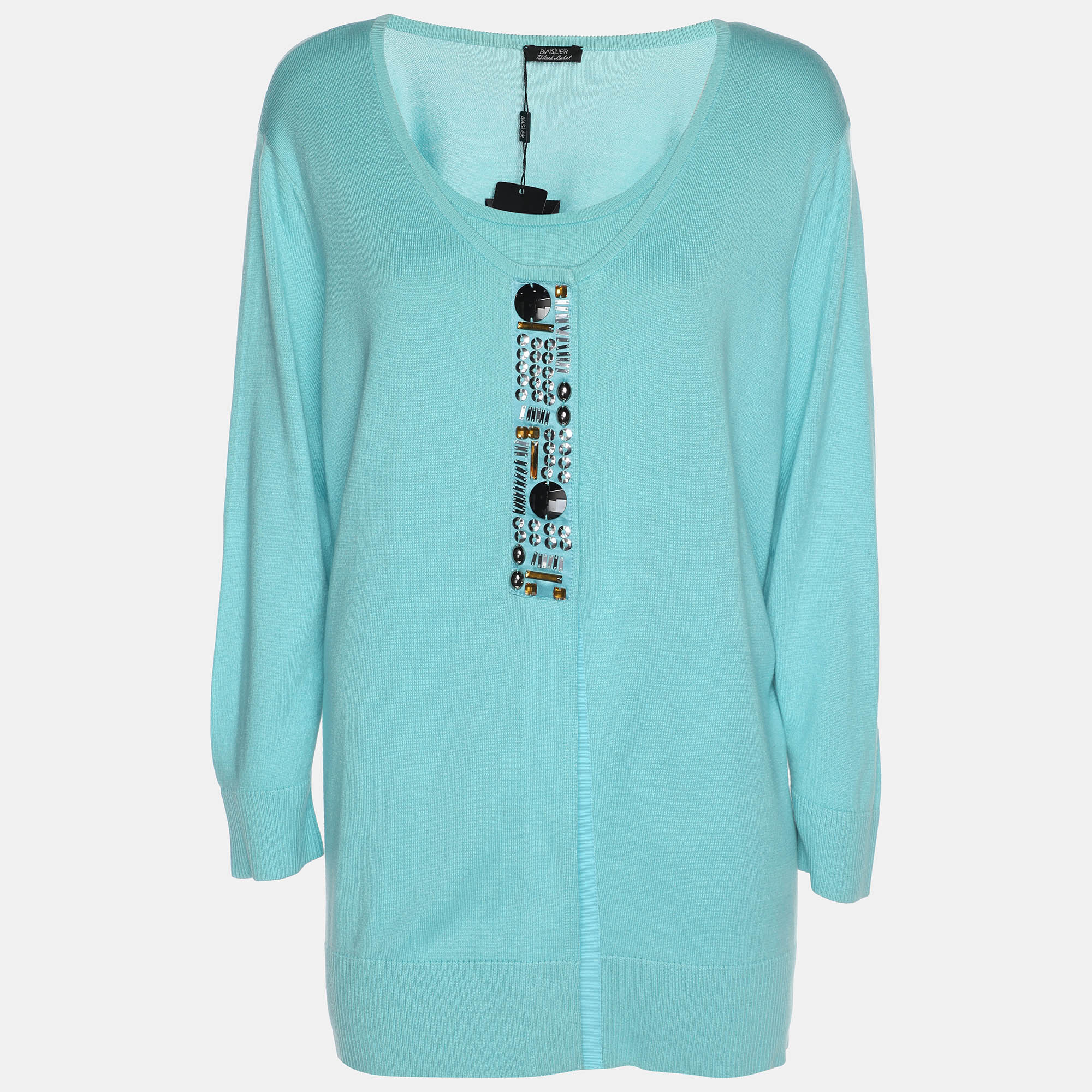 Pre-owned Basler Turquoise Stretch Knit Full Sleeve Shrug Xl In Blue