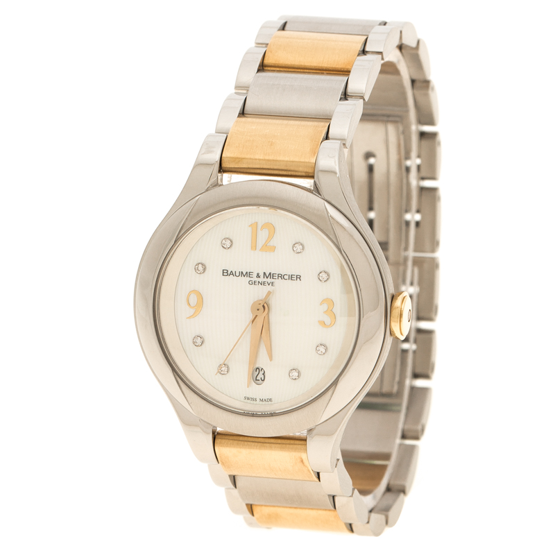 Baume & Mercier White Mother of Pearl Yellow Gold Capped Stainless Steel Women's Wristwatch  30 mm