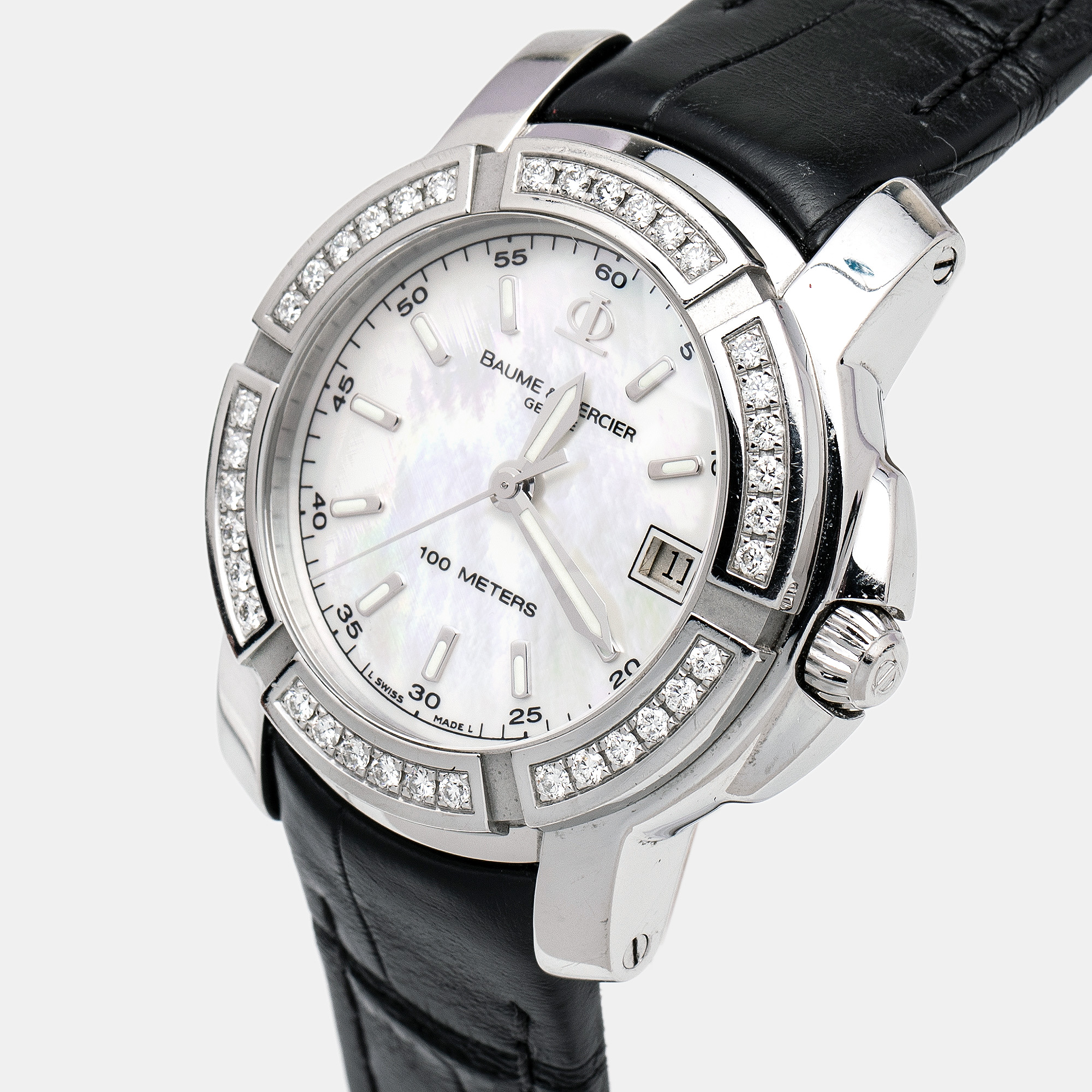 

Baume & Mercier Mother Of Pearl Diamond Leather Capeland M0A08381 Women's Wristwatch, Black