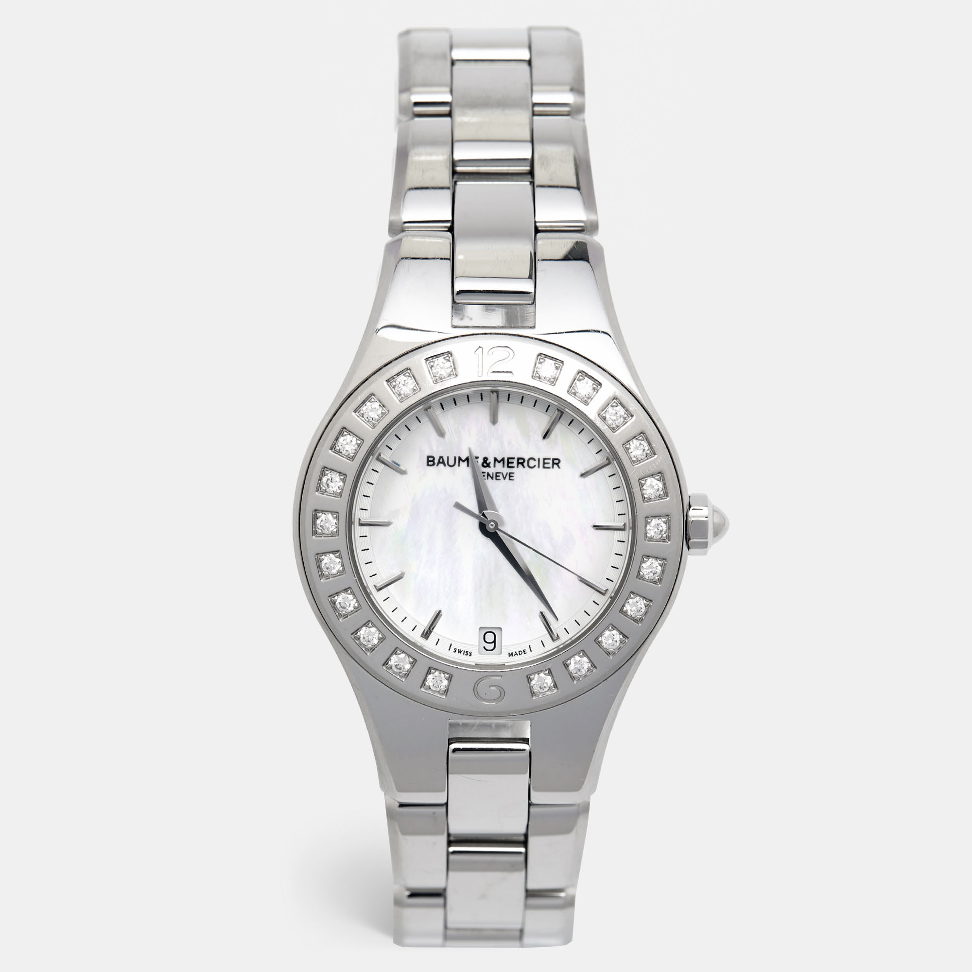 Pre-owned Baume & Mercier Mother Of Pearl Diamond Stainless Steel Linea 10072 Women's Wristwatch 32 Mm In Silver