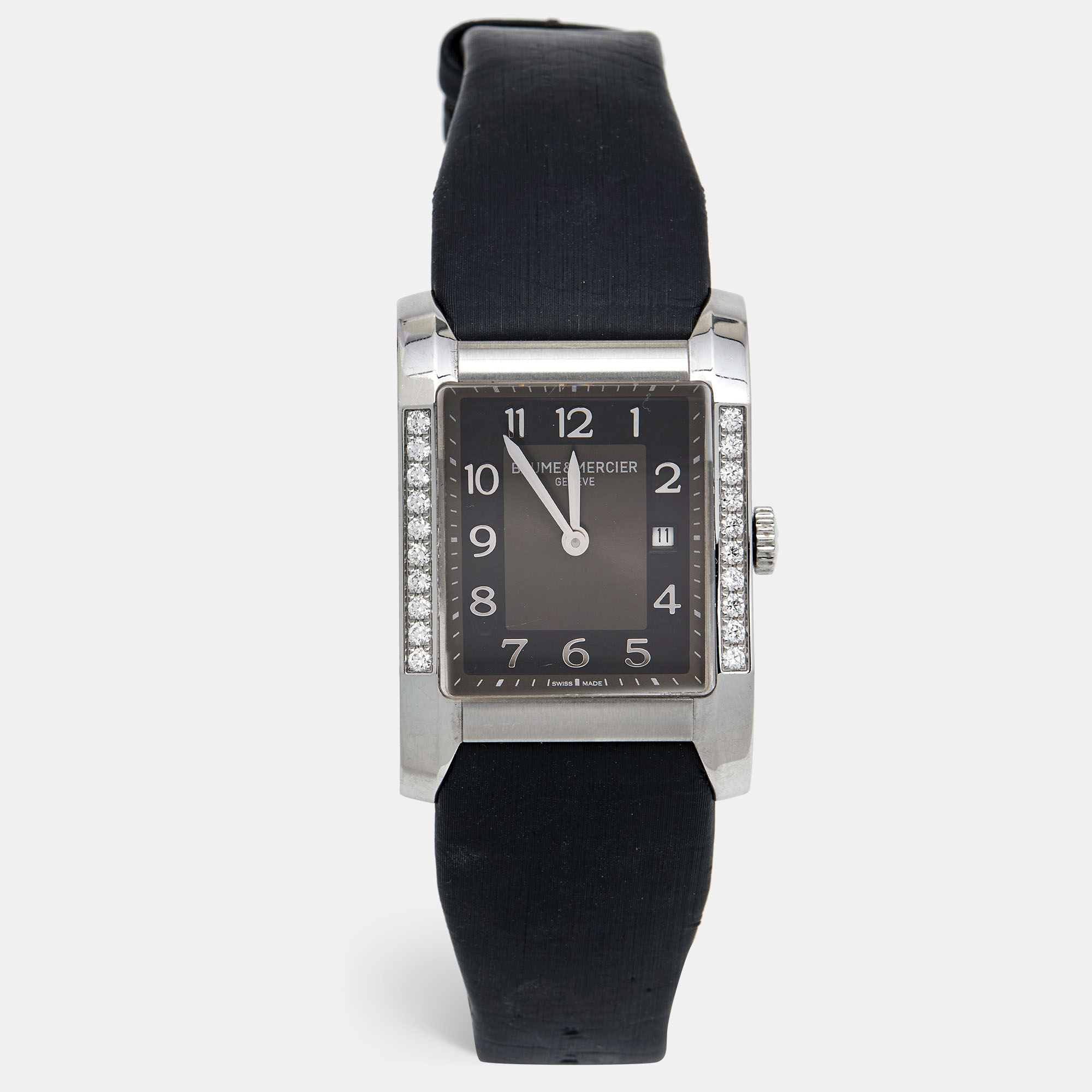 Pre-owned Baume & Mercier Grey Stainless Steel Leather Diamond Hampton 65694 Women's Wristwatch 27 Mm