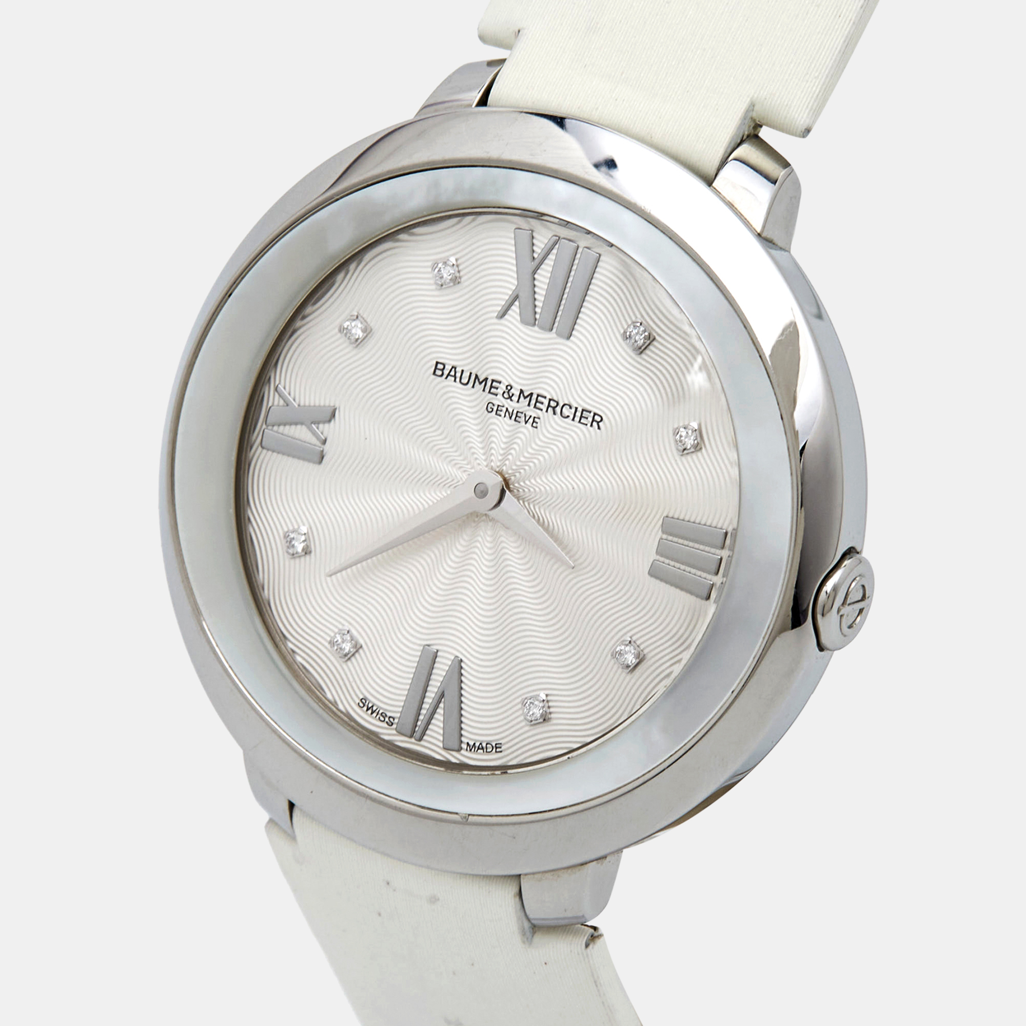 

Baume & Mercier Silver Diamond Mother Of Pearl Stainless Steel Satin Leather Promesse MOA10177 Women's Wristwatch, White