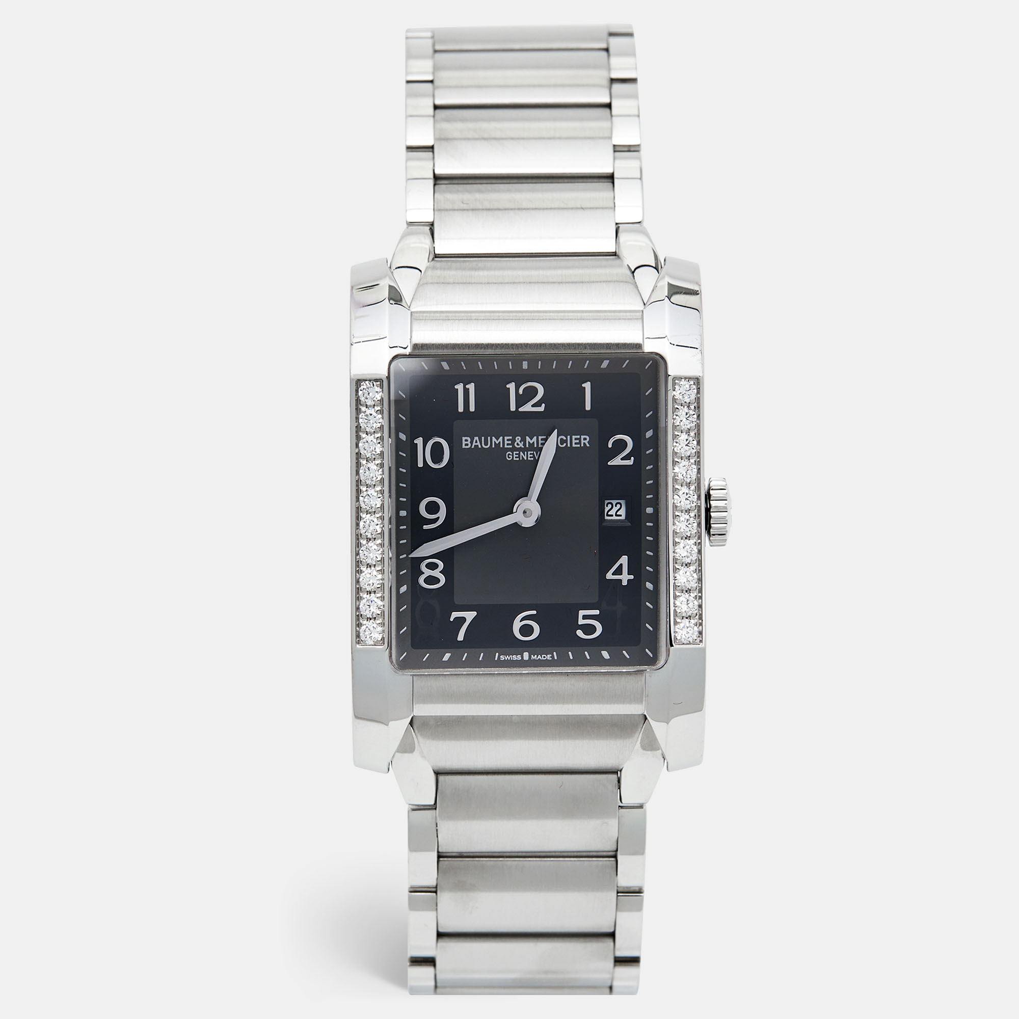 Pre-owned Baume & Mercier Black Stainless Steel Diamond Hampton 65694 Women's Wristwatch 27 Mm In Silver