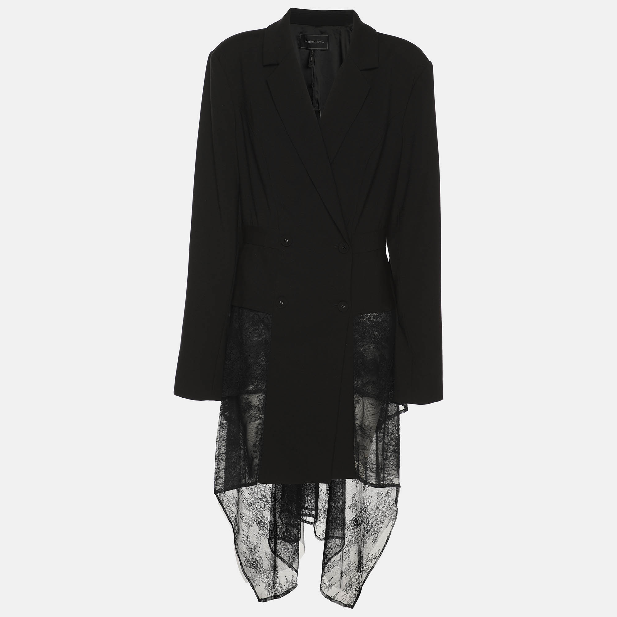 Pre-owned Bcbgmaxazria Black Crepe And Lace Hem Double Breasted Blazer L