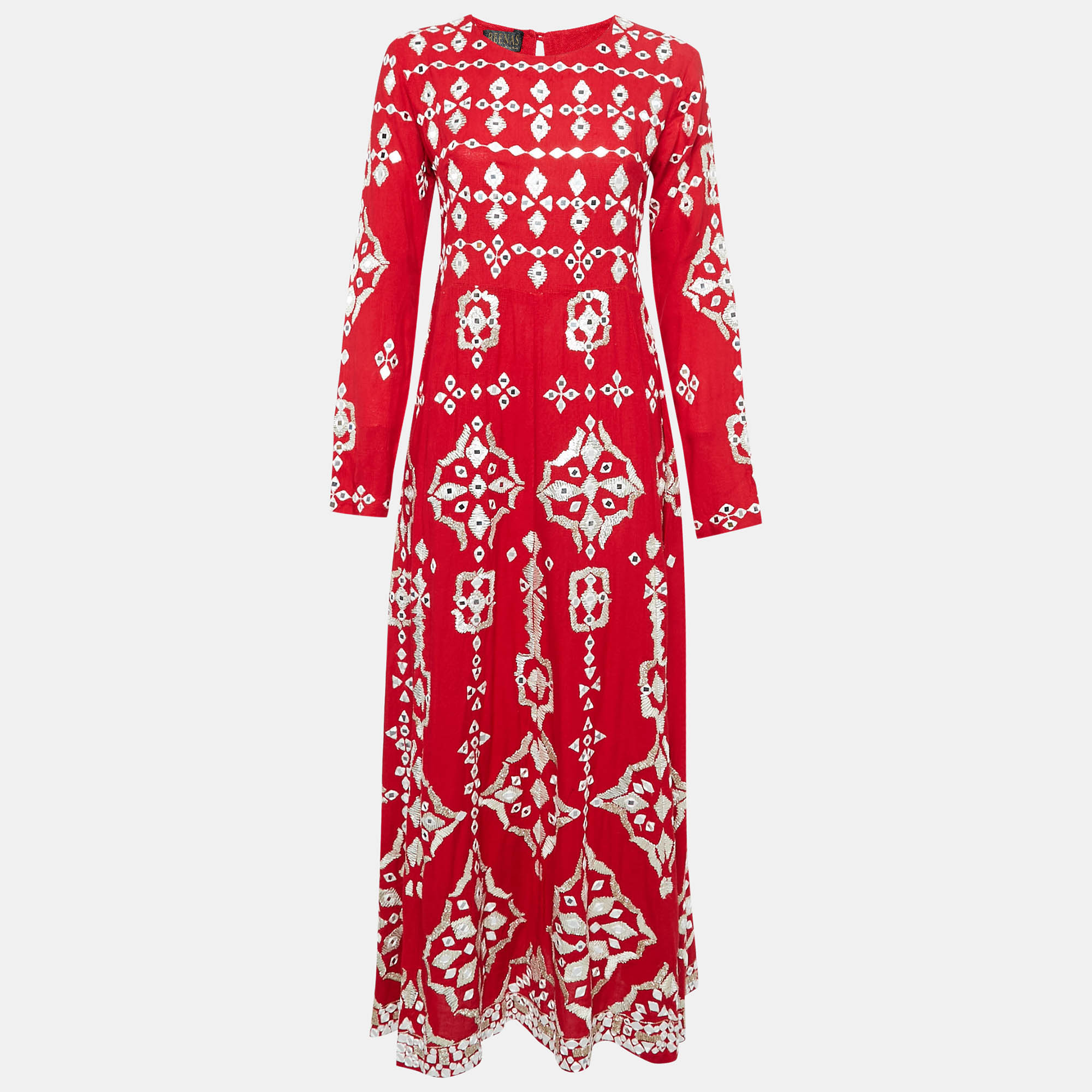 

Beenas Mirror Work Embroidered Cotton Blend Maxi Dress M, Red