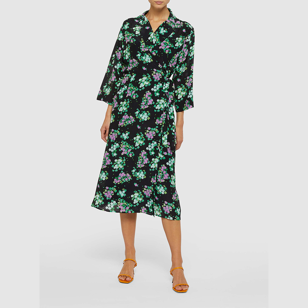 

BERNADETTE Black Elle Floral-Print Silk Wrap Midi Dress Size FR 34