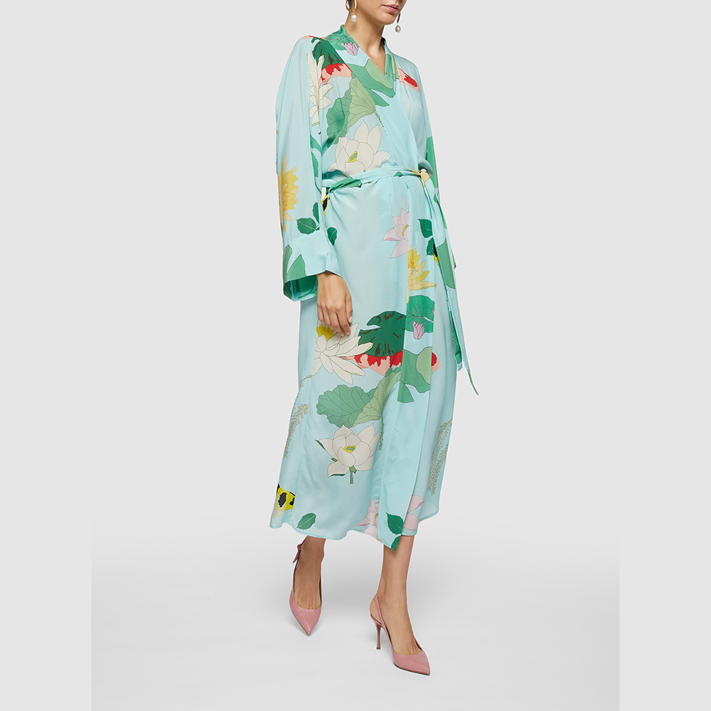 

BERNADETTE Blue Peignoir Floral Print Silk Robe Dress Size FR 40