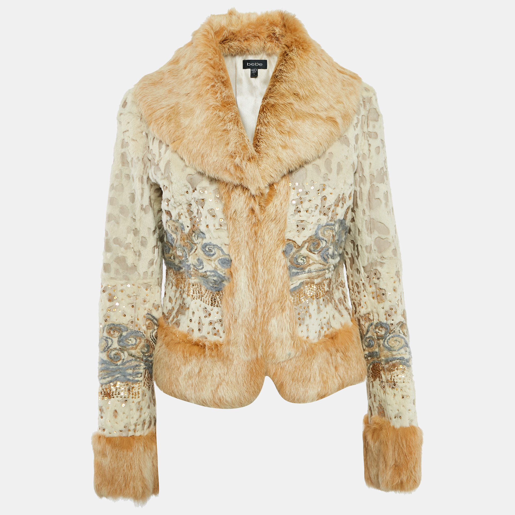 

Bebe Beige Sequined Rabbit Fur Jacket L