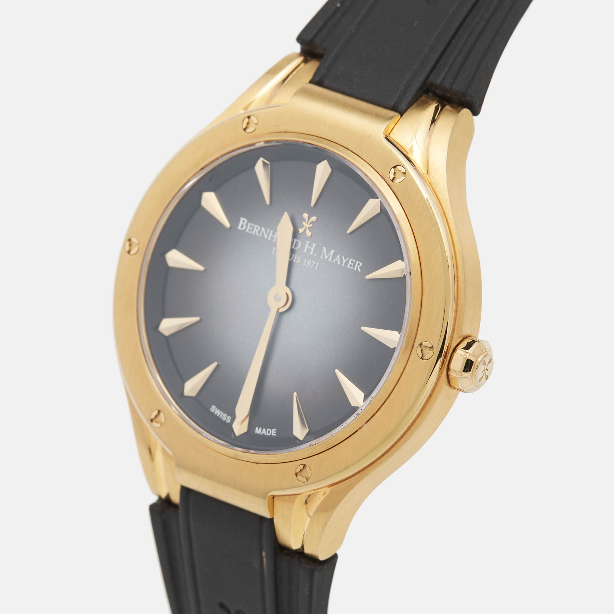 Bernhard H. Mayer Black Mother Of Pearl Effect Gold PVD Plated Stainless Steel Rubber Le Classique BH34P/CW Women`s Wristwatch 35 mm 