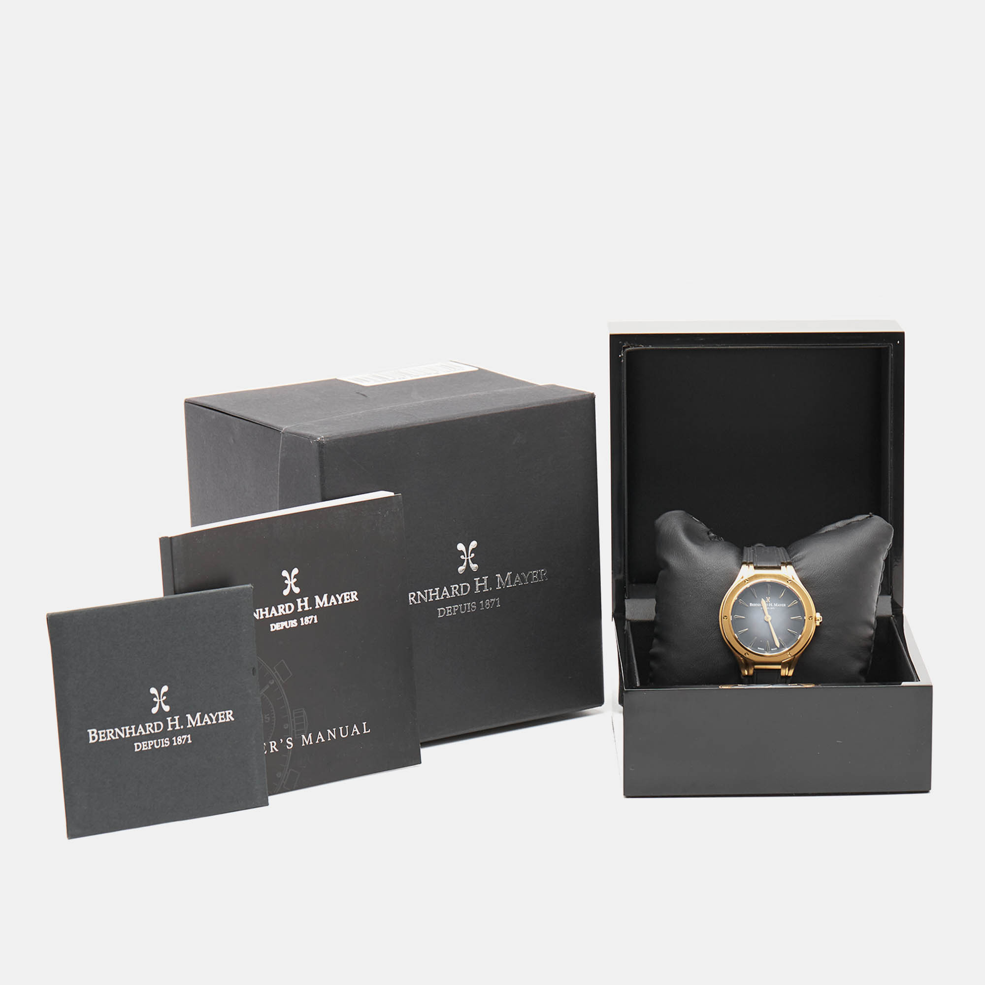 Bernhard H. Mayer Black Mother Of Pearl Effect Gold PVD Plated Stainless Steel Rubber Le Classique BH34P/CW Women`s Wristwatch 35 mm 