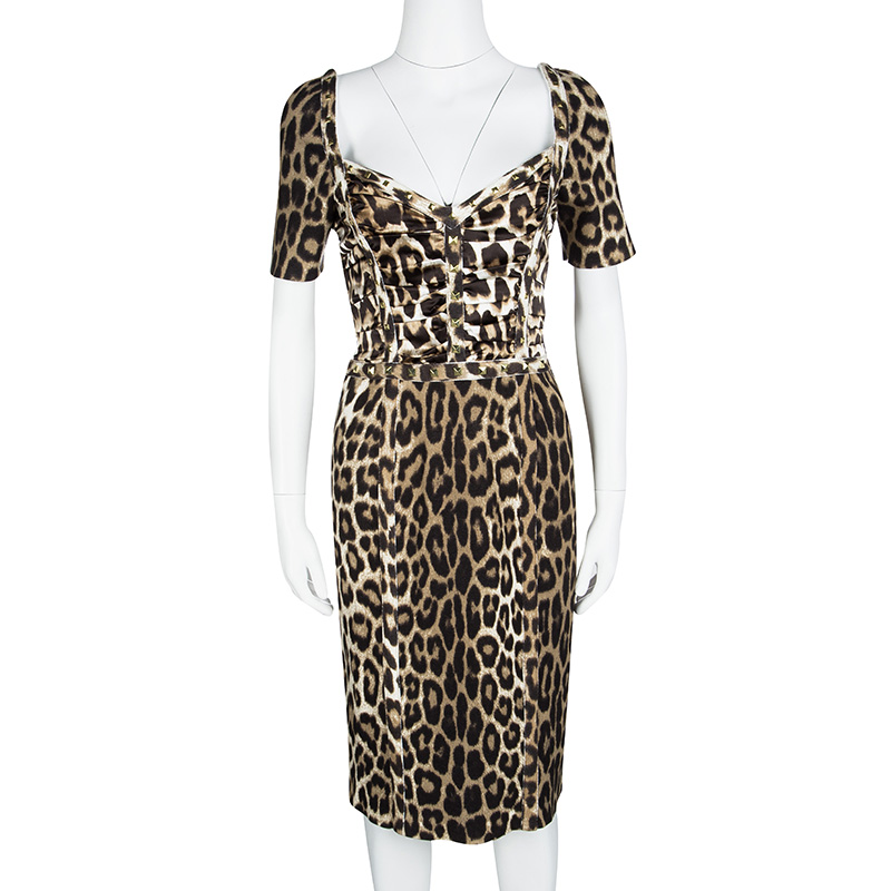 

Blumarine Leopard Printed Knit Rockstud Embellished Sheath Dress, Brown
