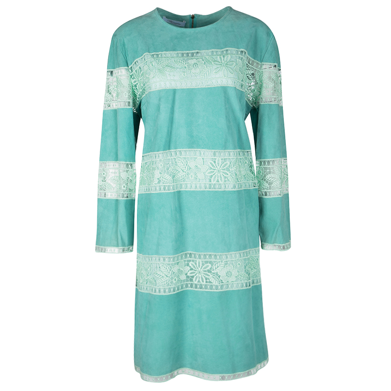 Blumarine Resort'16 Turquoise Goat Leather Embroidered Lace Panel Detail Dress XL