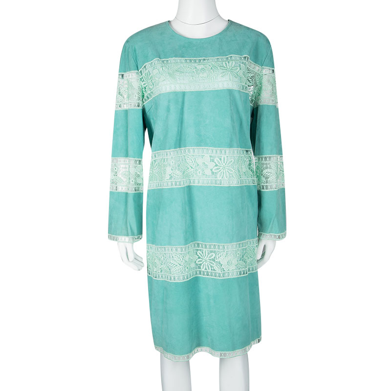 

Blumarine Resort'16 Turquoise Goat Leather Embroidered Lace Panel Detail Dress, Blue